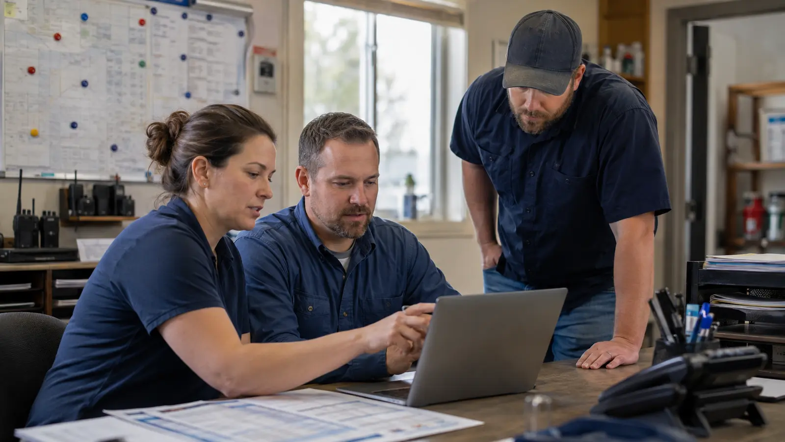 Three local-service professionals review weekly lead-response performance together on a laptop in a dispatch office.