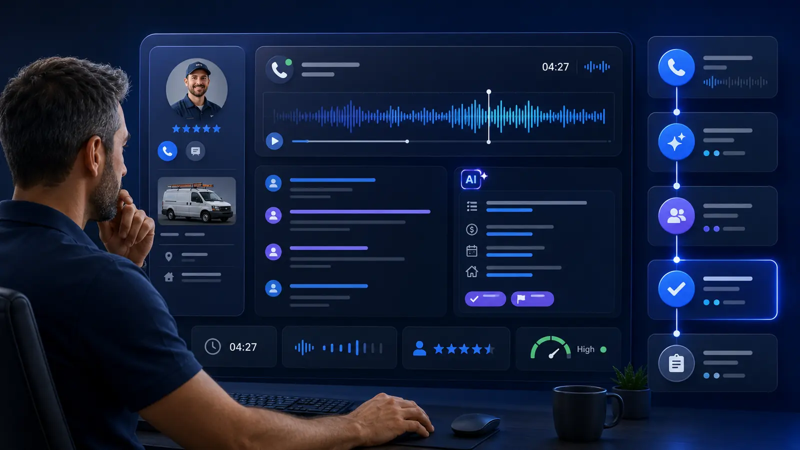 Business owner reviewing a Google LSA call recording, transcript, AI summary, and lead-quality workflow in an AI dashboard.