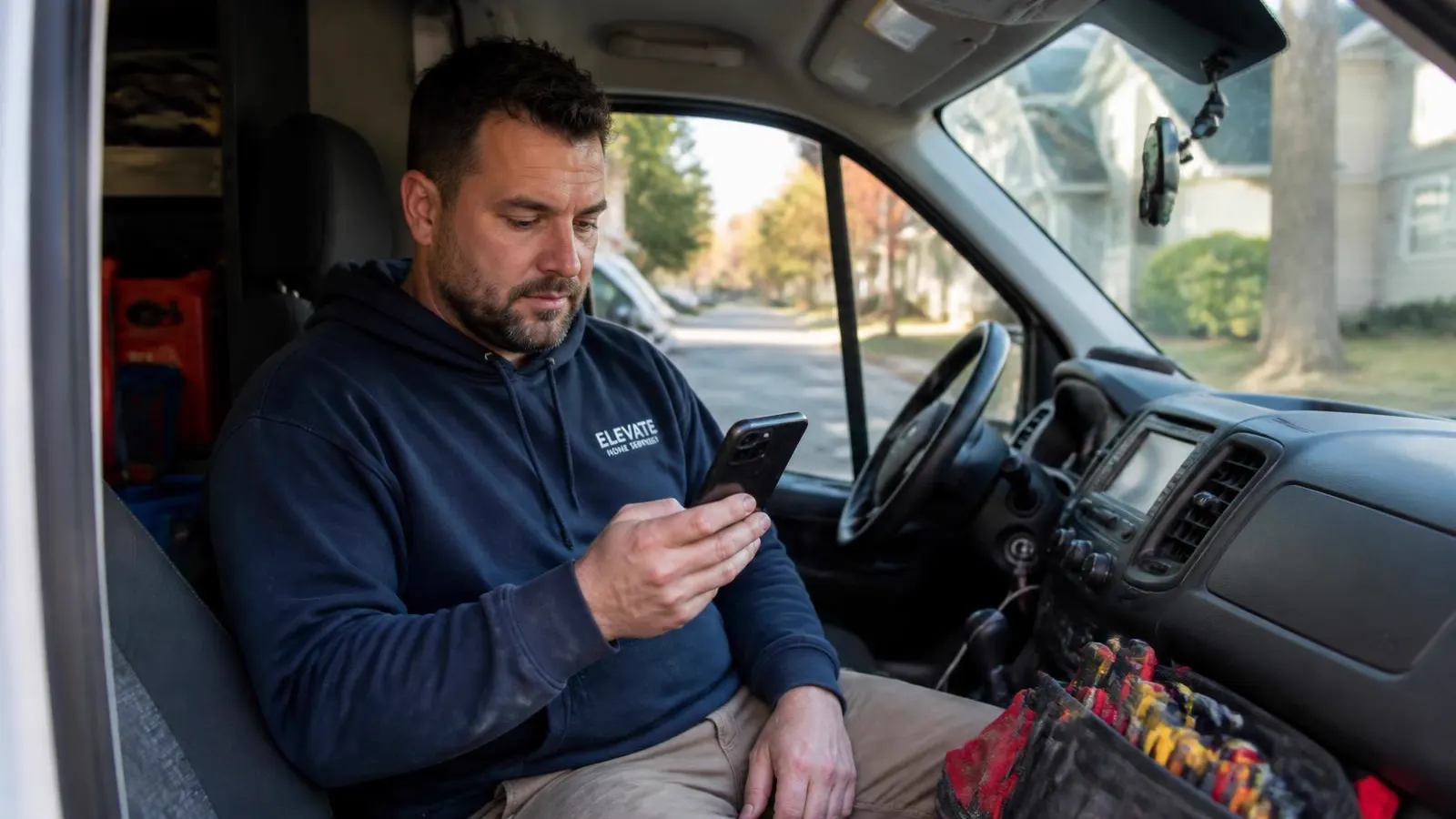 A contractor sits in his work van reading a new lead request on his phone.