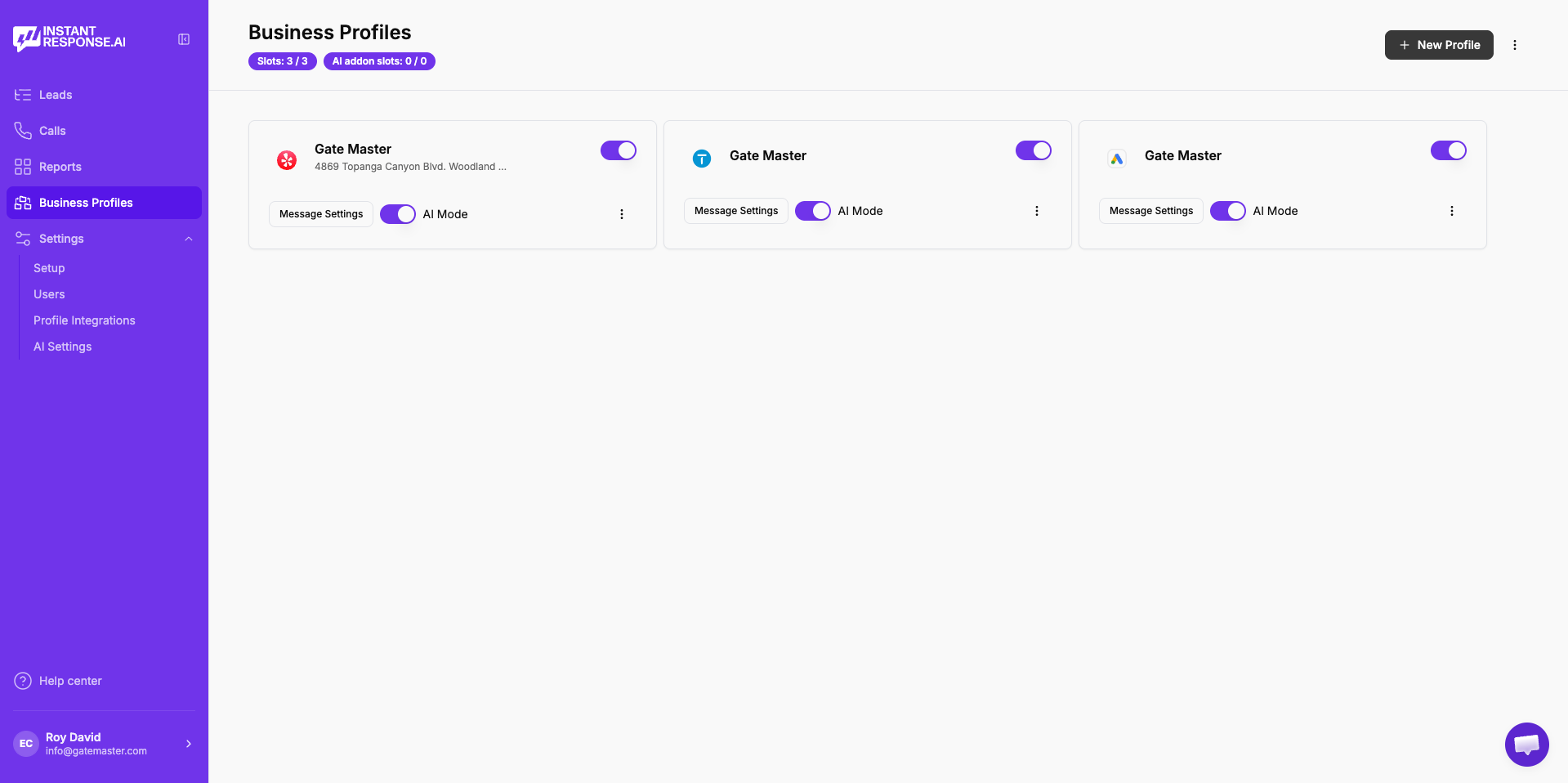 InstantResponse.AI business profile settings showing configured services, hours, service area, and qualification questions for a local service company