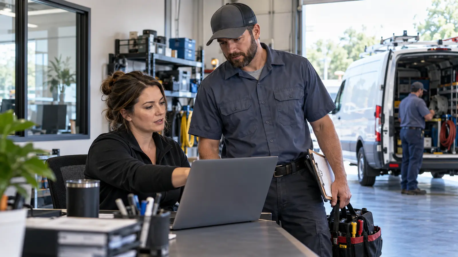 A local service dispatcher and field technician review a customer inquiry together beside a service garage.