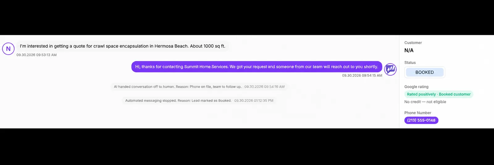 InstantResponse.AI Google LSA thread marked Booked, with Google rating 'Rated positively · Booked customer' and 'No credit — not eligible', plus an AI handoff note