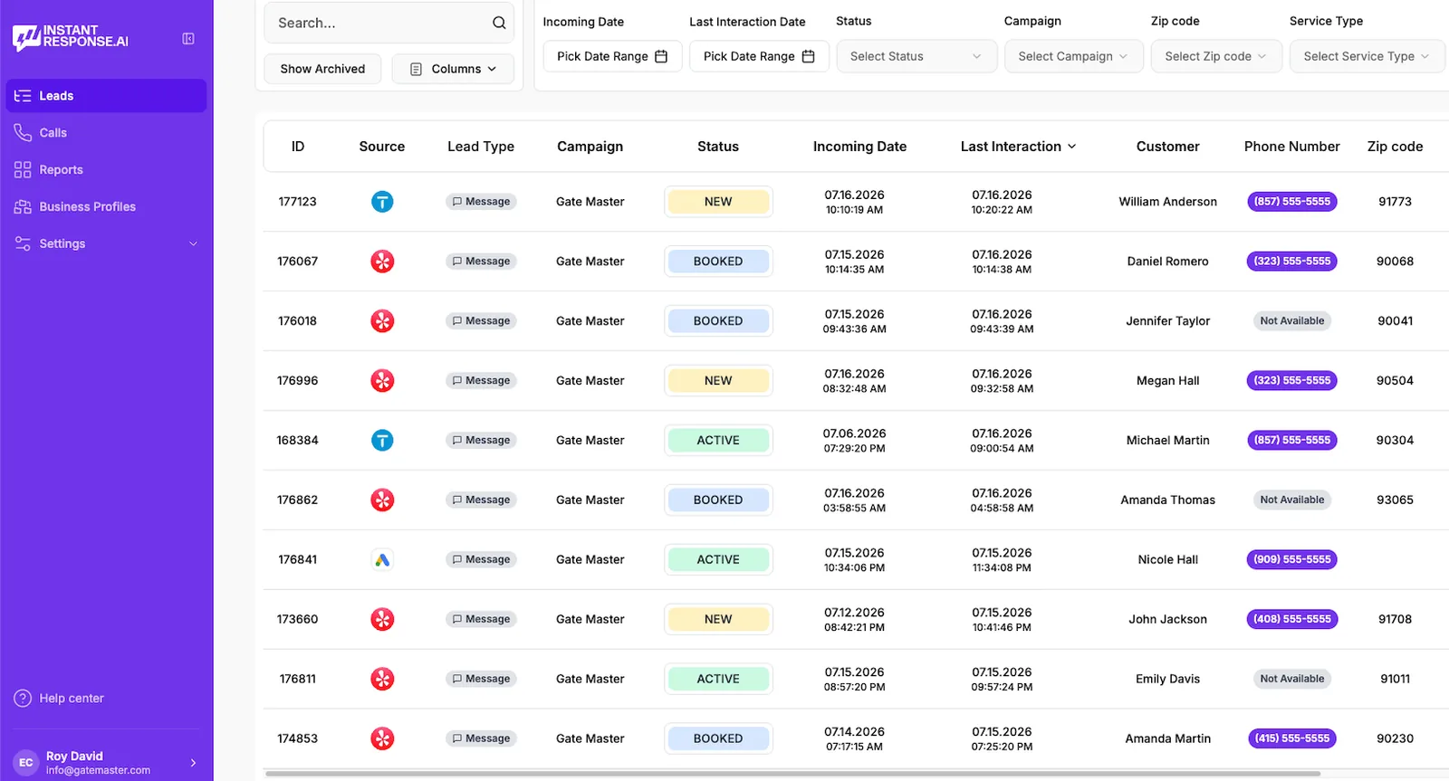 InstantResponse.AI leads inbox showing incoming service leads with source, status and a conversation summary for each contact, with customer contact details redacted