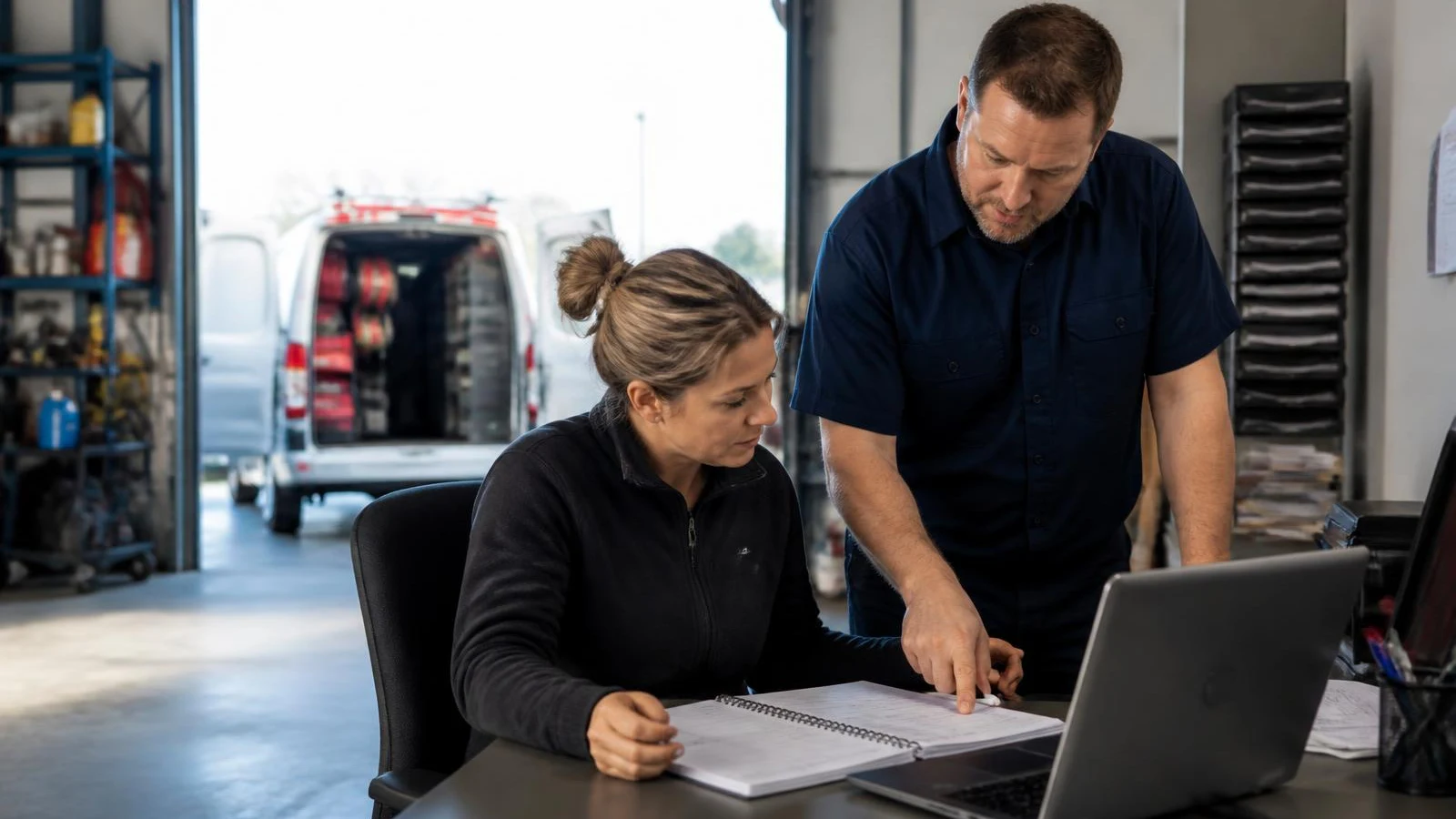 A local-service dispatcher and field manager review appointment capacity and technician routes together in a service office.