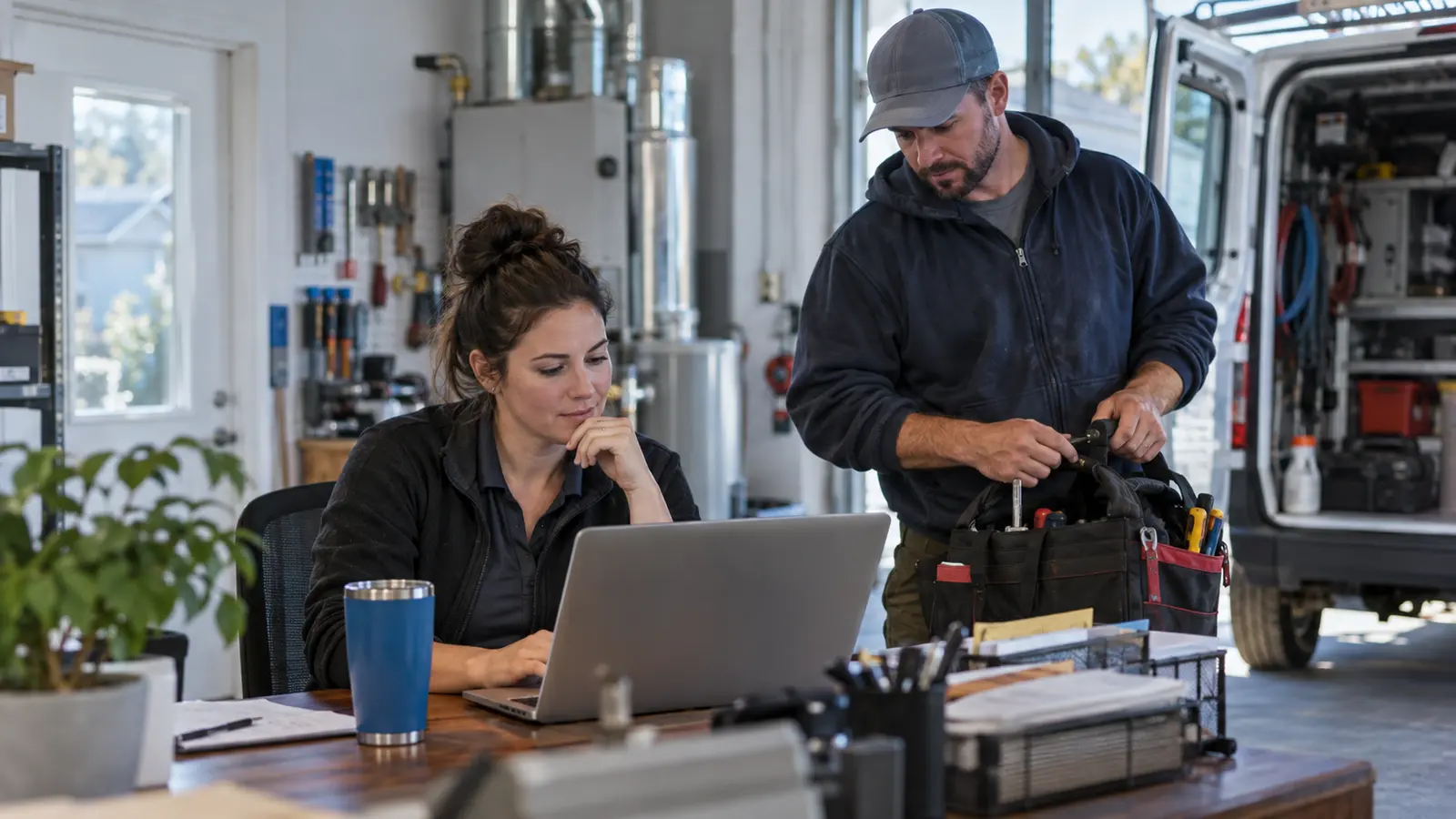 A local service dispatcher reviews incoming inquiries while a field technician prepares for the next job.