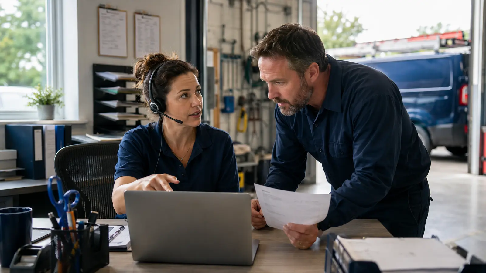 A local-service dispatcher and service manager collaborate on a customer inquiry that requires a human handoff.