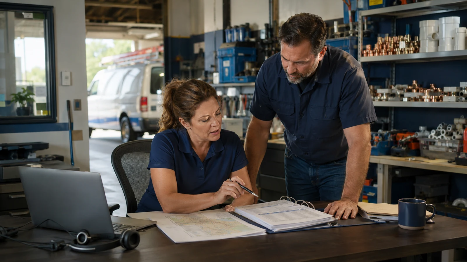 An HVAC and plumbing service-business owner and dispatcher review a service-area map and operations binder to prepare an AI front-desk knowledge base.