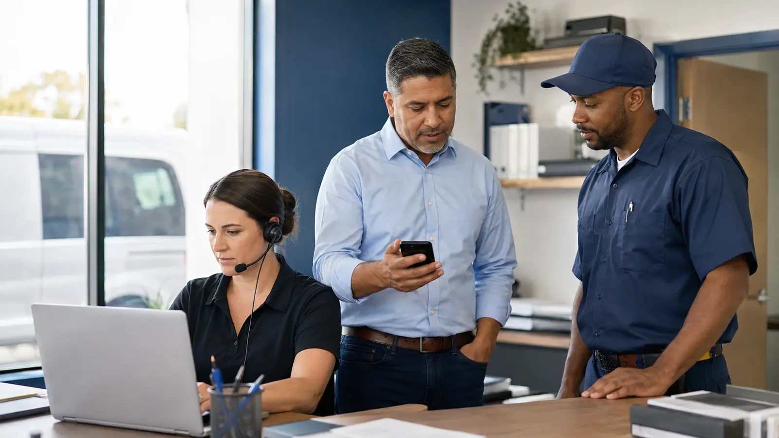 A local service dispatcher, manager, and field technician coordinate incoming lead alerts in their office.