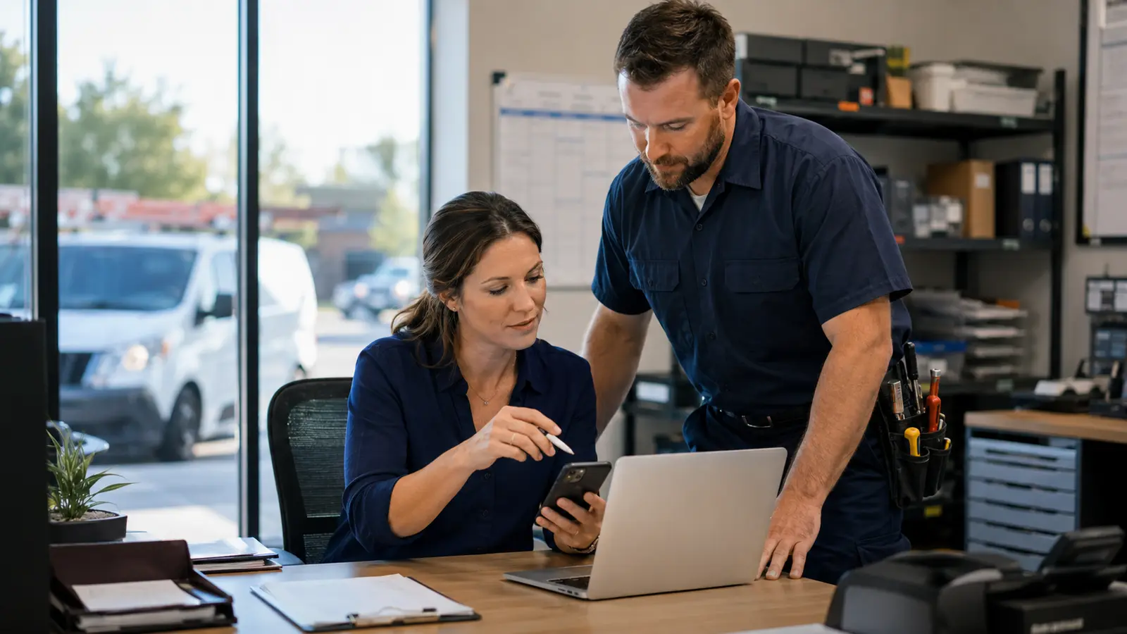 A local service dispatcher and field technician review a new customer inquiry together at a dispatch desk.