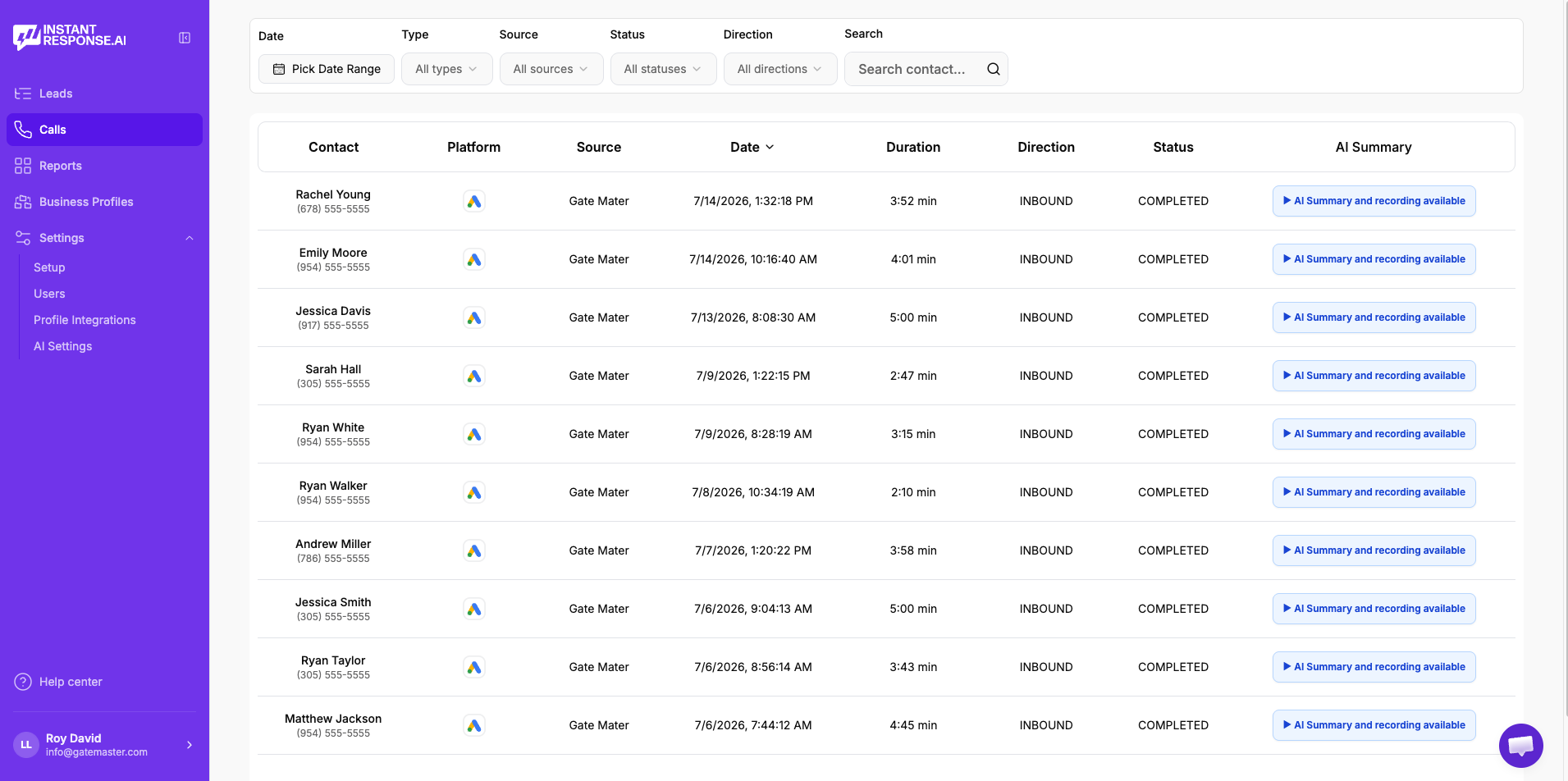InstantResponse.AI Calls tab showing Google LSA call recordings, transcripts, AI-generated summaries, duration, direction, status, and source