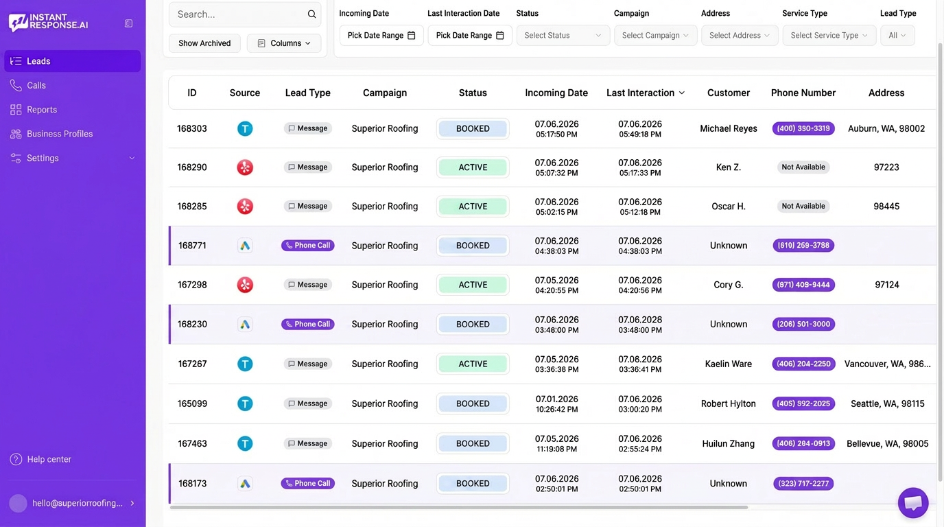 InstantResponse.AI leads dashboard for Superior Roofing showing calls and messages from Yelp, Google LSA, and Thumbtack
