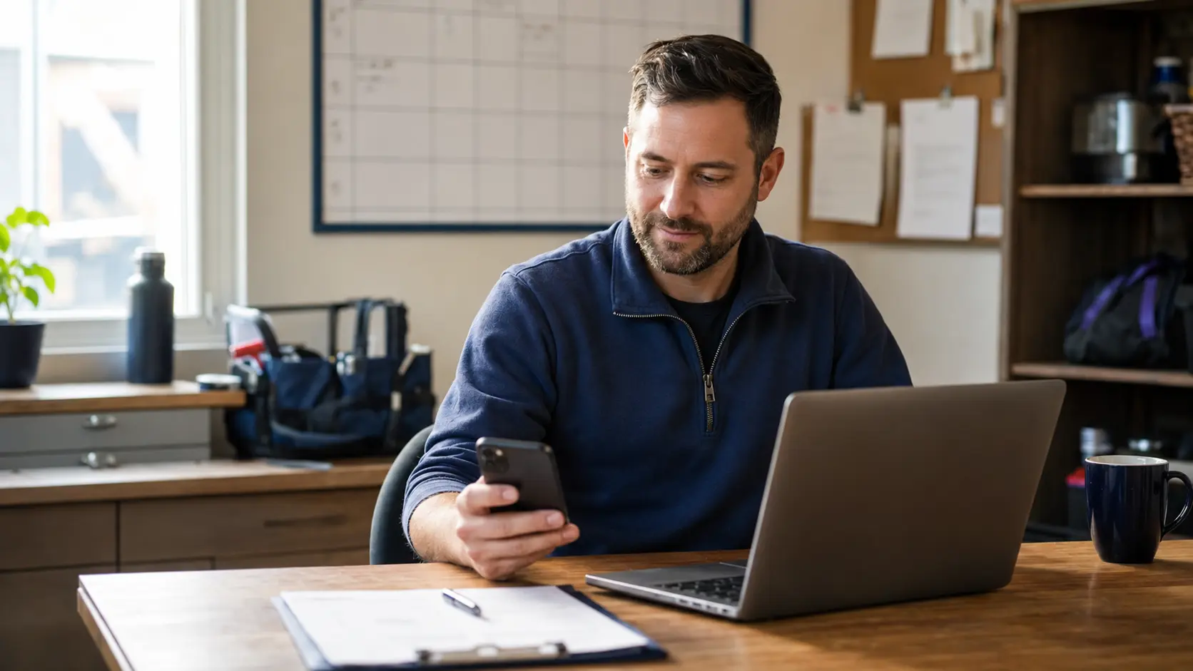 A small business owner replies to a customer message on a phone at their desk.