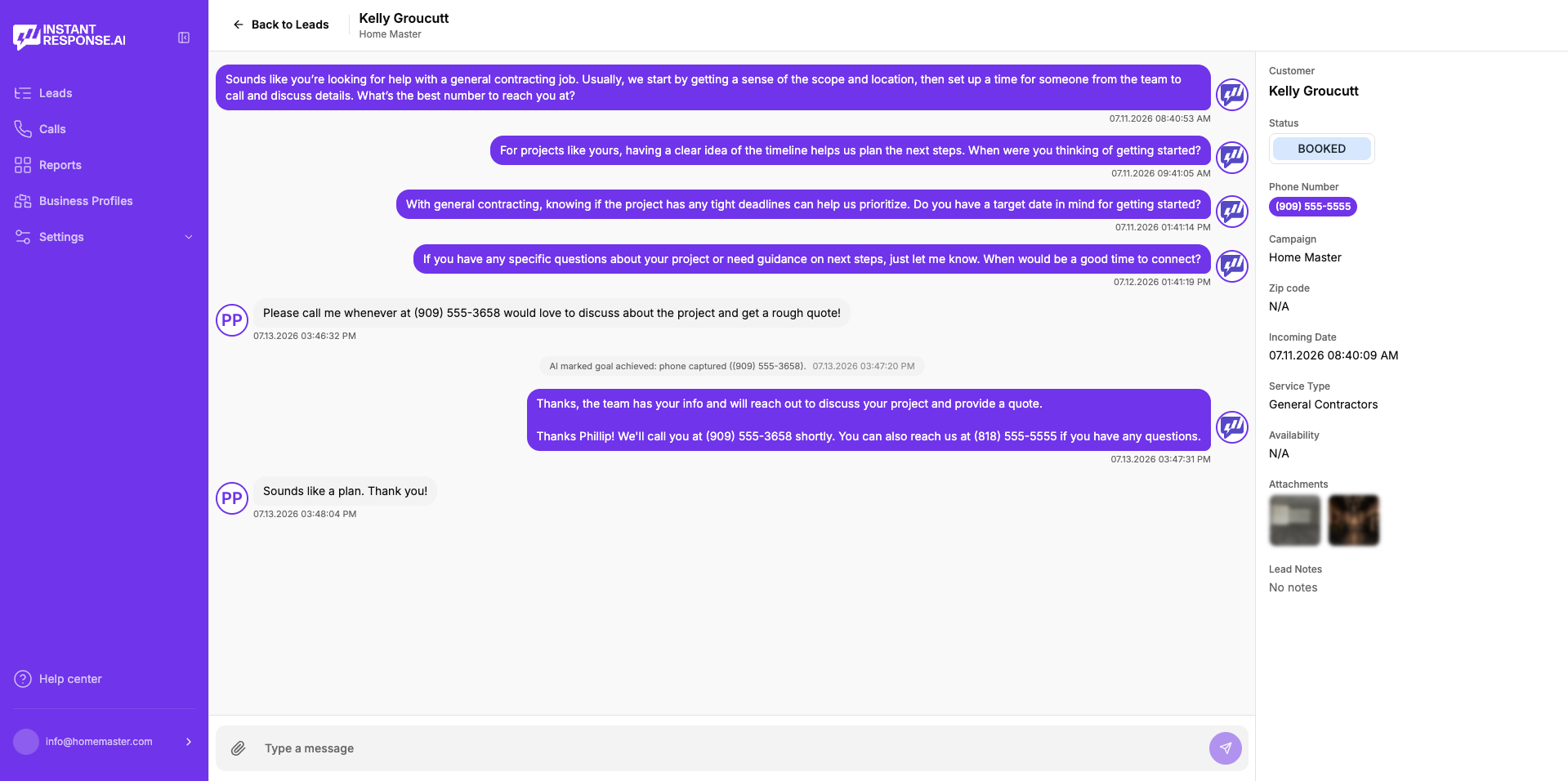 InstantResponse.AI conversation view showing a customer message thread with the AI reply, lead details, and team handoff controls, with customer contact details redacted
