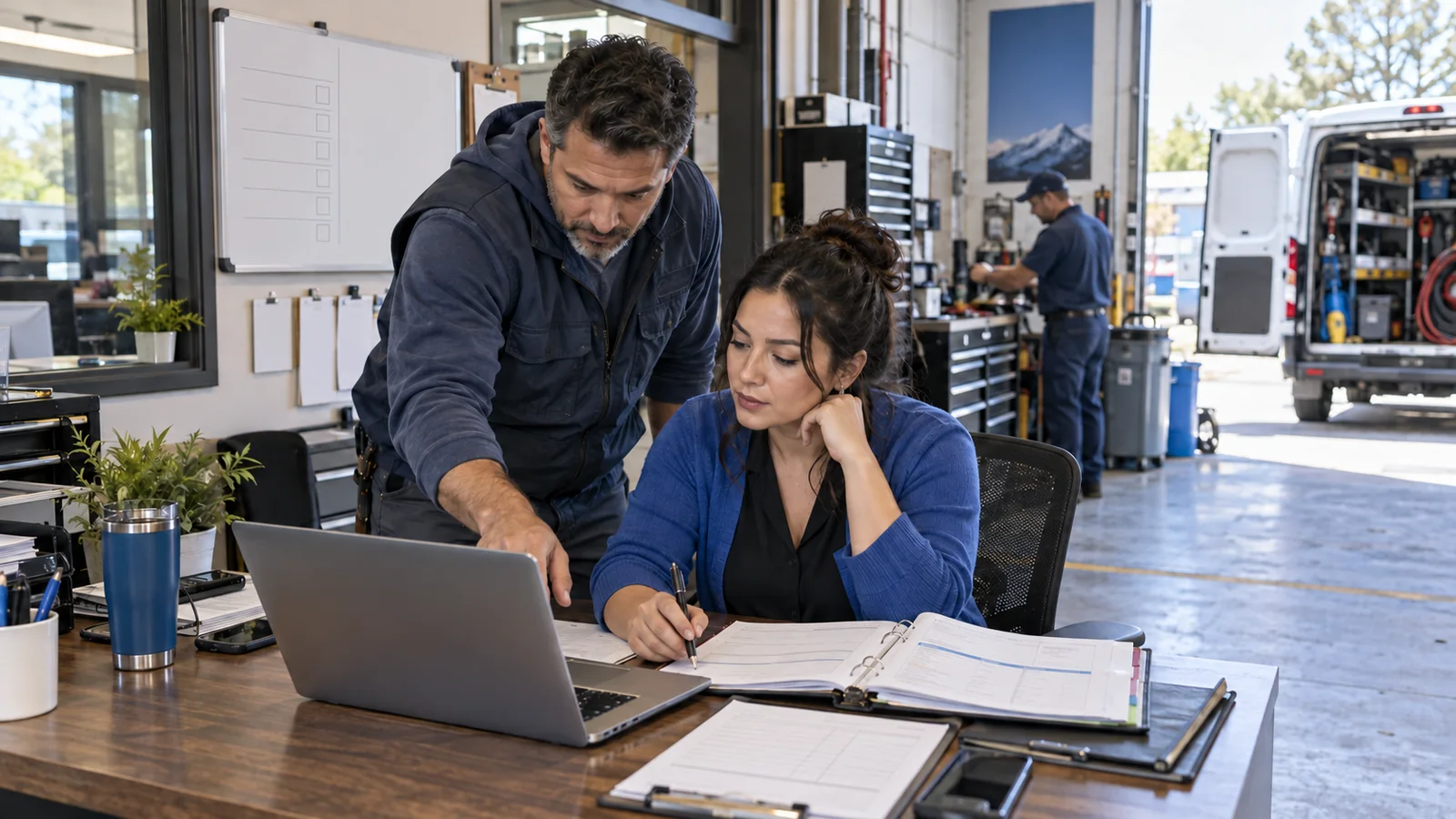 A home service business owner and dispatcher review a customer price inquiry beside an open service bay.