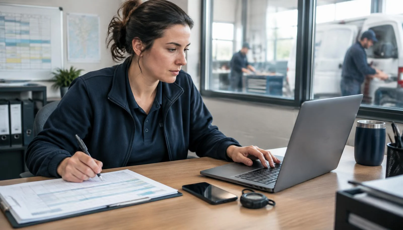 A service dispatcher reviews a schedule at her desk with a phone nearby.