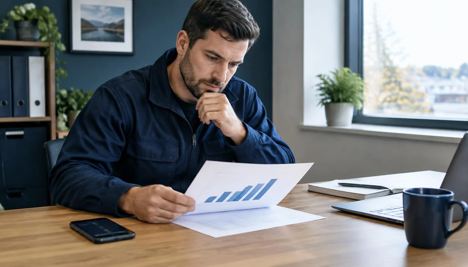 A service business owner reviews a printed response-time chart at his desk.