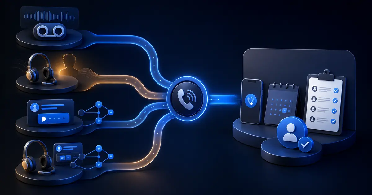 Voicemail, human answering service, AI front desk, and hybrid communication paths converging into an organized customer response workflow.