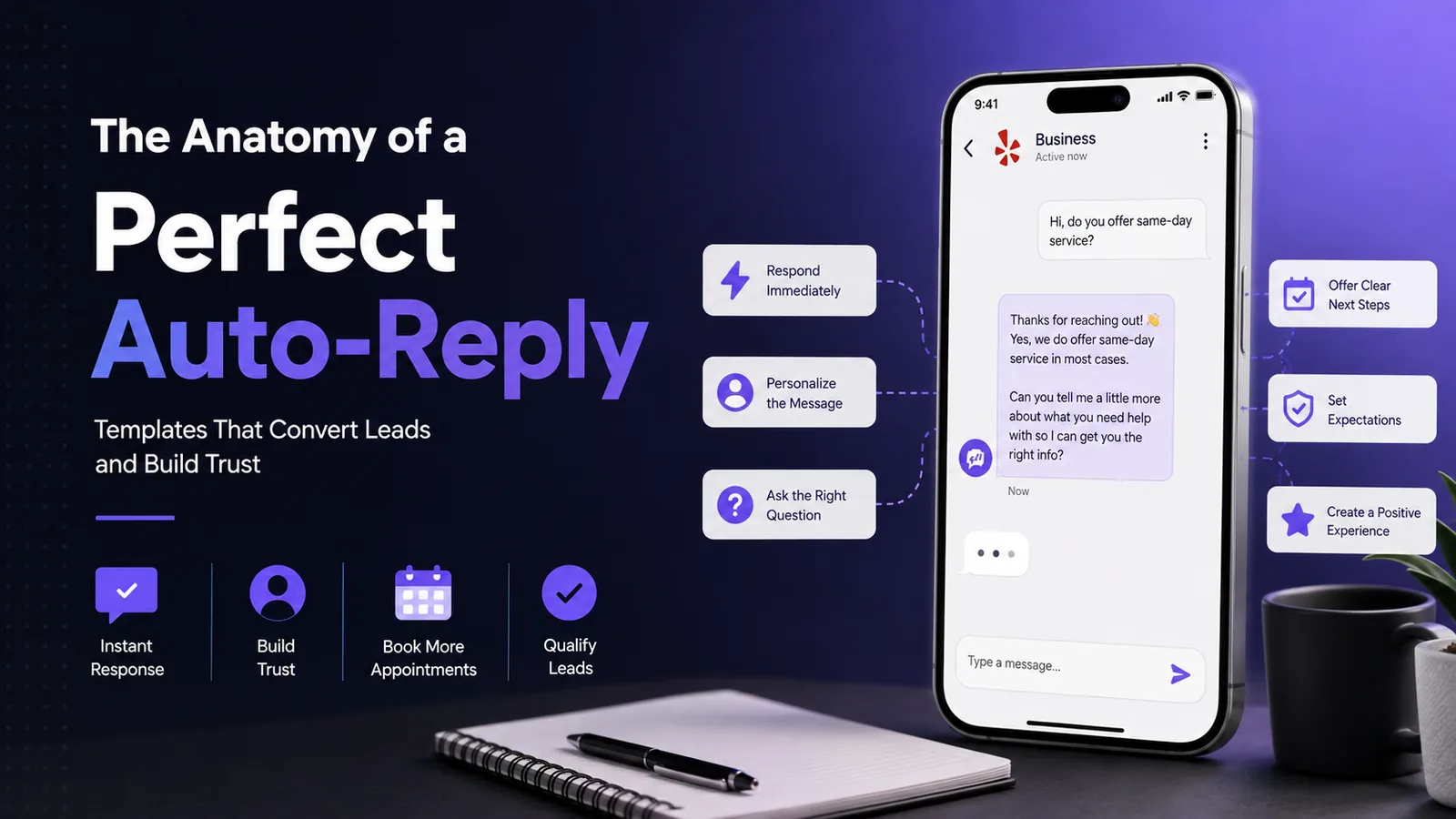 The anatomy of a perfect auto-reply: respond immediately, personalize the message, ask the right question and offer clear next steps, shown on a business messaging conversation