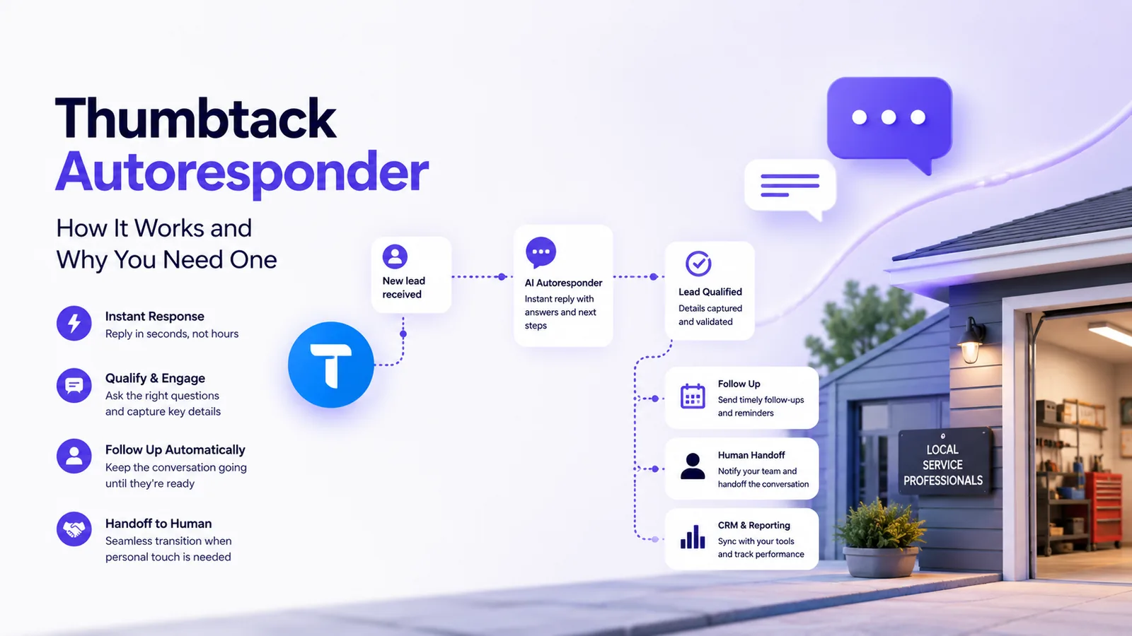 Thumbtack autoresponder workflow for local service businesses: new lead received, AI autoresponder sends an instant reply, lead qualified, then follow up, human handoff and CRM reporting
