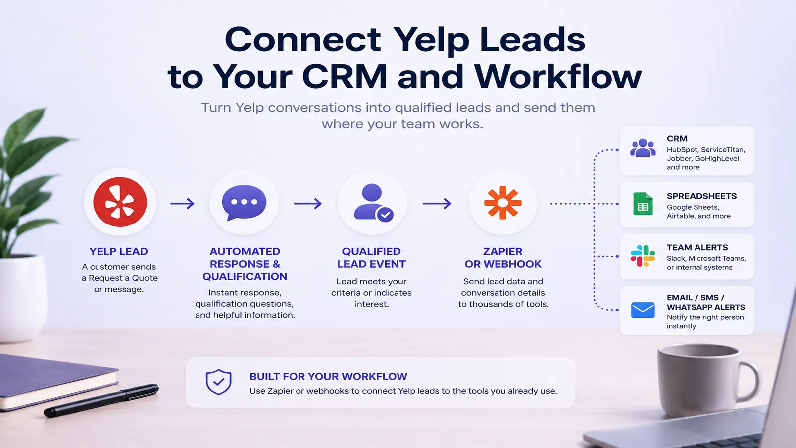Yelp lead routing workflow: Yelp lead, automated response and qualification, qualified lead event, then Zapier or webhook into CRM, spreadsheets, team alerts and email, SMS or WhatsApp notifications