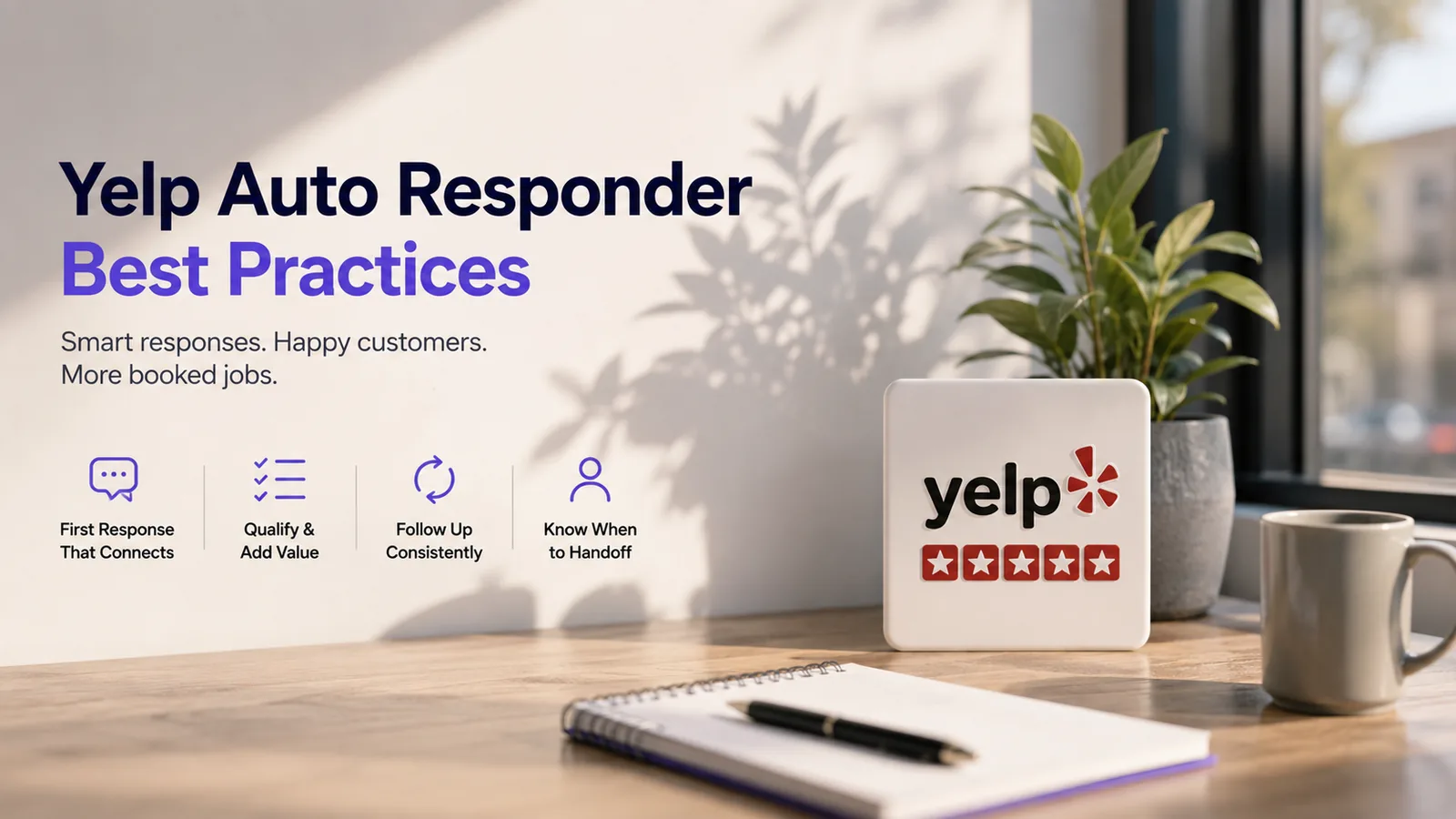 Yelp auto responder best practices for response coverage: first response, qualification, consistent follow-up and human handoff beside a five-star Yelp review card on a desk
