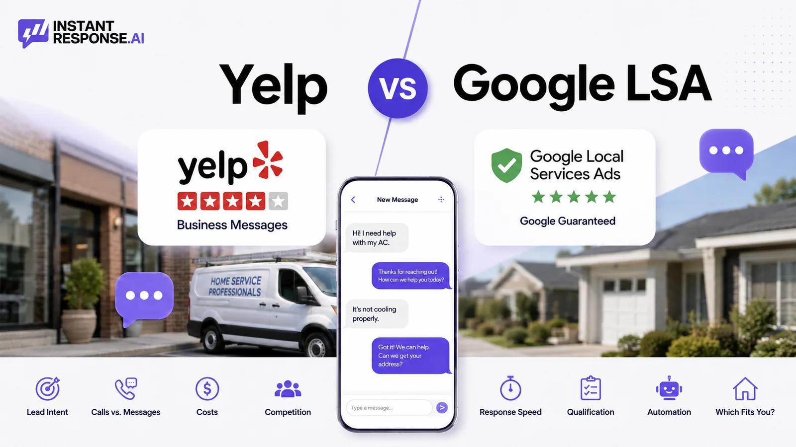 Yelp Business Messages and Google Local Services Ads lead response compared, with an AI reply conversation on a phone